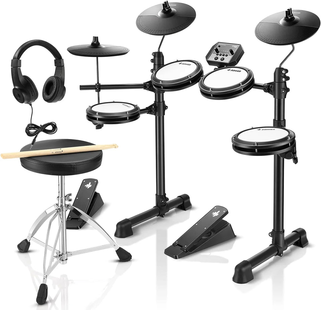 2026 DED-80 Electronic Drum Set, Electric Drum Set for Beginner with 4 Quiet Mesh Drum Pads, 2 Switch Pedal, 180+ Sounds, Throne, On-Ear Headphones, Sticks, and Lessons Included.