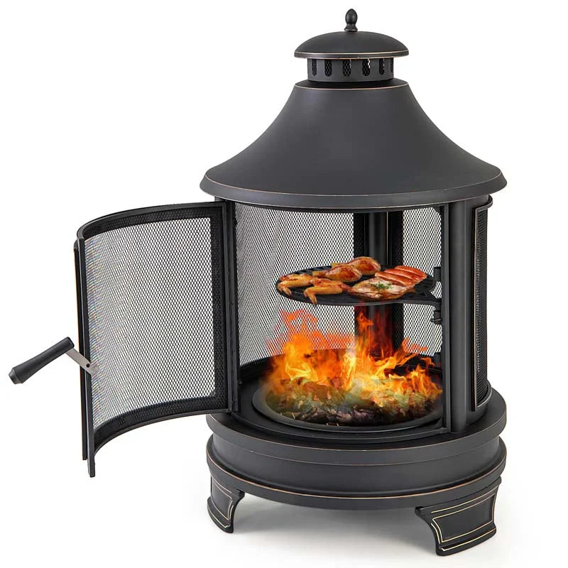 2026 30" 2-in-1 Metal Chiminea Fire Pit with Adjustable Grill & Chimney, Outdoor Wood Burning Chiminea Fireplace with Spark Screen for Patio Backyard BBQ