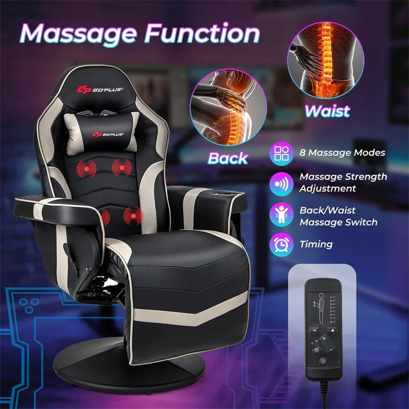 2026 Ergonomic Gaming Recliner Chair with Massage, Retractable Footrest & Cup Holder, Height Adjustable Racing Style Swivel Video Game Chair