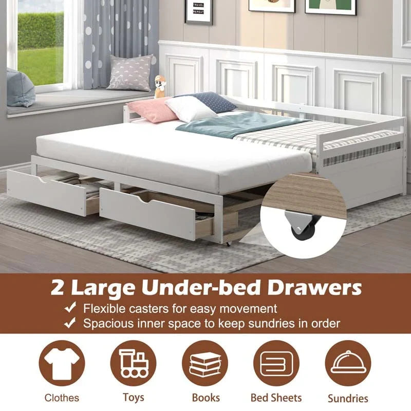 2026 Extendable Twin to King Daybed with Trundle & 2 Storage Drawers, Dual-use Modern Sofa Bed with Roll Out Bed Frame