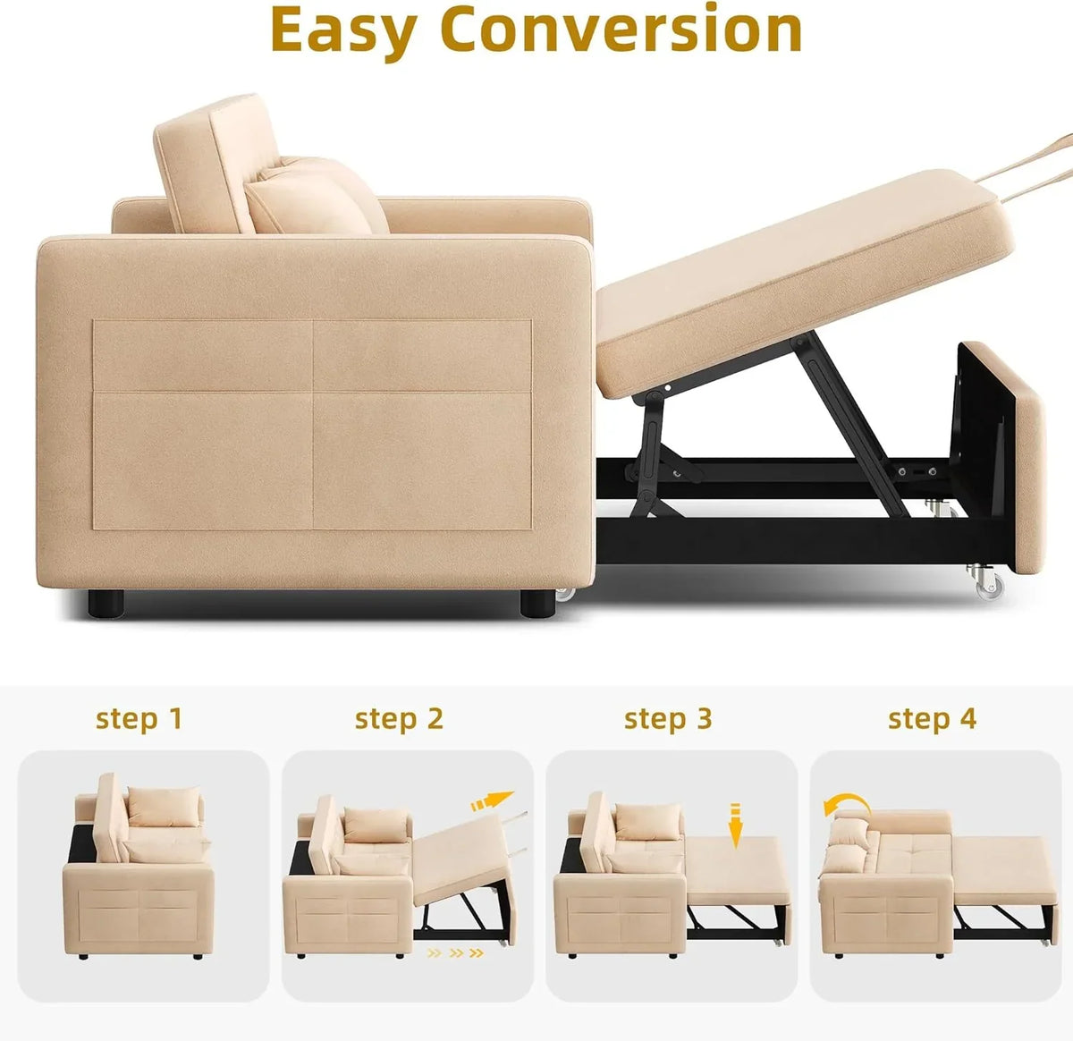 2026 3-in-1 Convertible Sofa Bed, 55" Sleeper Sofa with Pull-Out Bed, Cat-Scratch-Proof Fabric Futon Couch with Adjustable Backrest and Side Pocket, Loveseat for Living Room Apartment, Grey