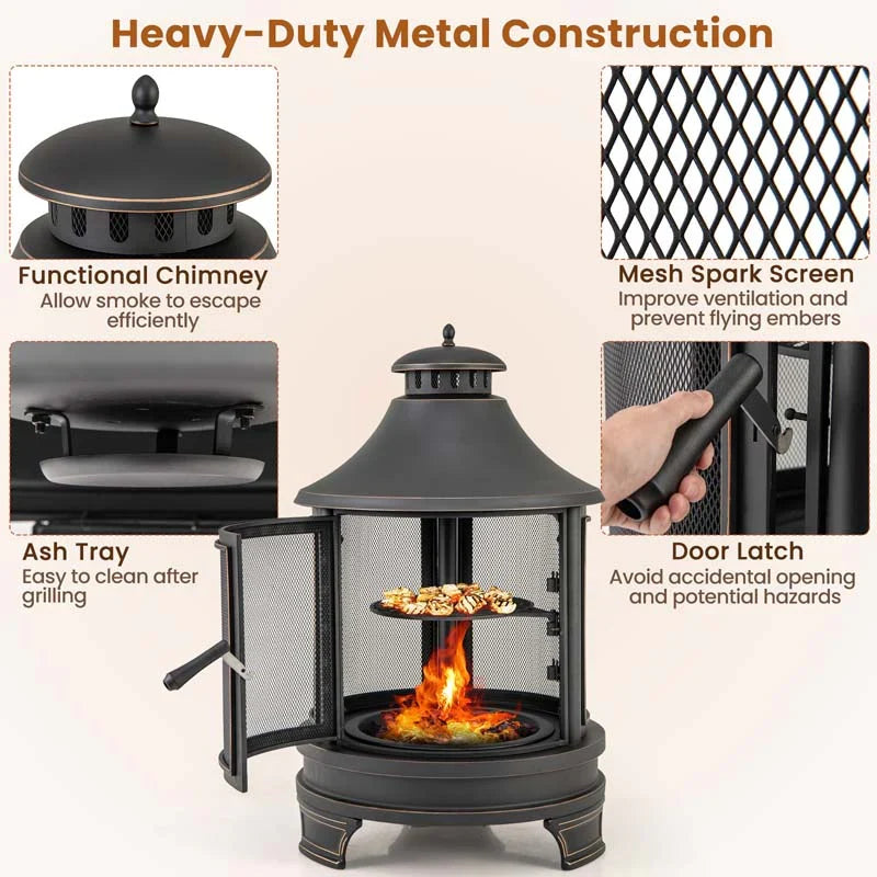 2026 30" 2-in-1 Metal Chiminea Fire Pit with Adjustable Grill & Chimney, Outdoor Wood Burning Chiminea Fireplace with Spark Screen for Patio Backyard BBQ