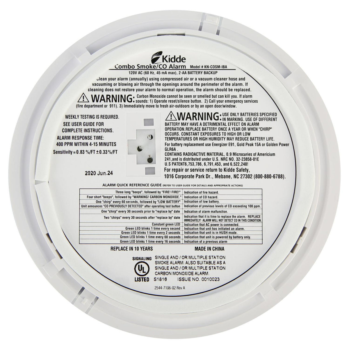 2026 Kidde Hardwired Combination Carbon Monoxide and Smoke Alarm KN-COSM-IBA