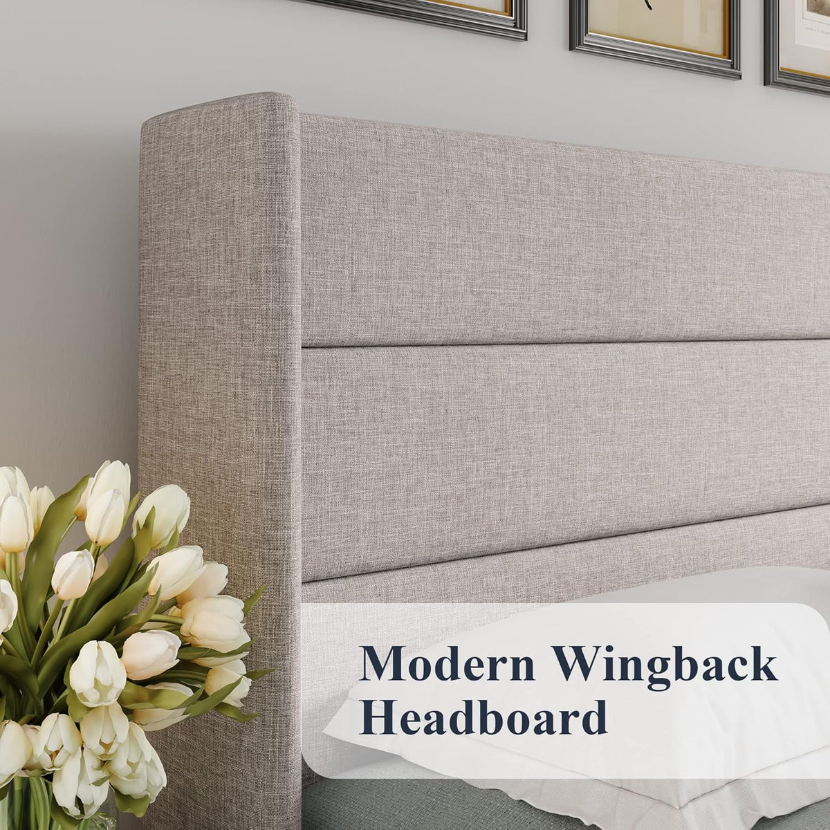 2026 Queen Size Lift Up Storage Bed, Modern Wingback Headboard, Hydraulic Support, No Box Spring Needed, Light Beige
