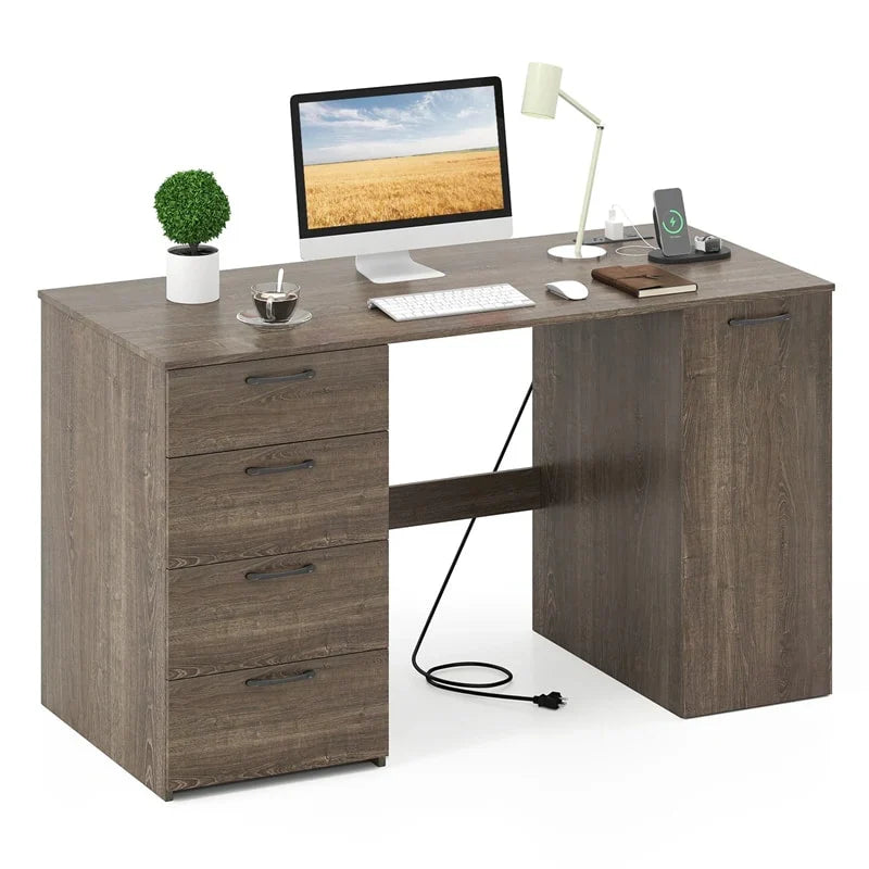 2026 53" Computer Desk with 4 Storage Drawers & Cabinet, Home Office Desk w/ Charging Station, Adjustable Shelf & Cable Management for Study, Makeup