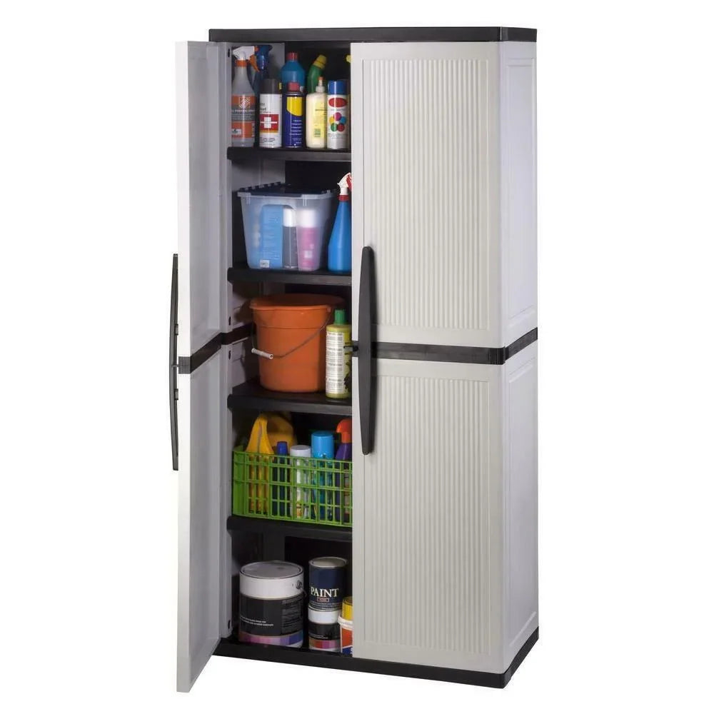 2026 NewFreestanding garage cabinet made of grey plastic, model 2025, 89 cm W x 180 cm H x 46 cm D, with adjustable shelves and lockable doors.
