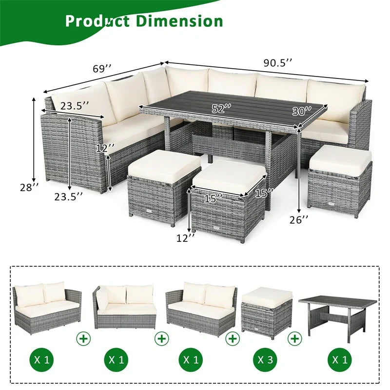 2026 7 PCS Resin Wicker Outdoor Sectional Sofa Set Rattan Patio Seating Group with Dining Table, Ottomans & Cushions