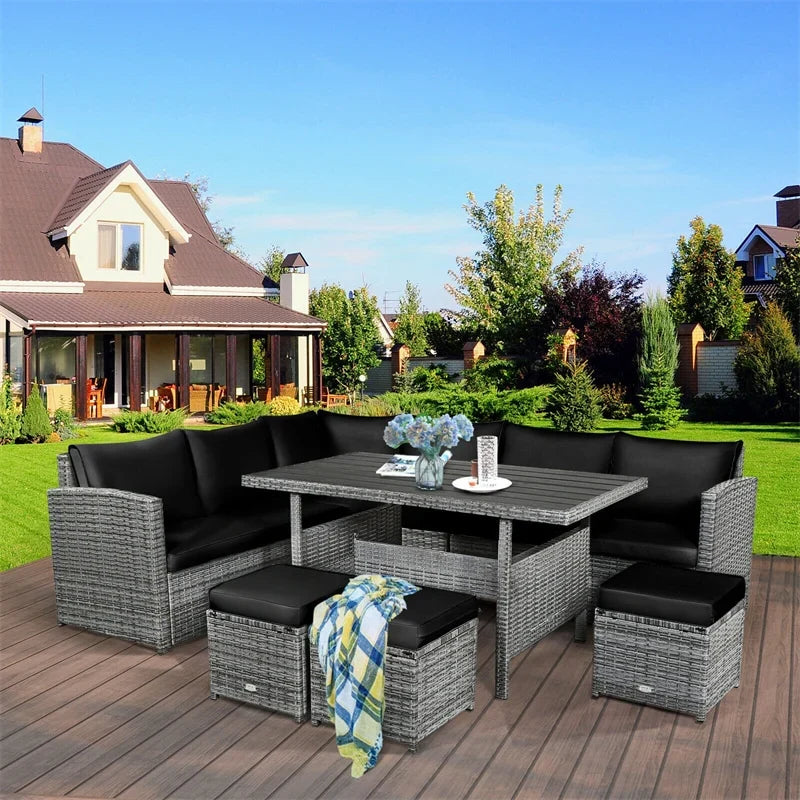 2026 7 PCS Resin Wicker Outdoor Sectional Sofa Set Rattan Patio Seating Group with Dining Table, Ottomans & Cushions