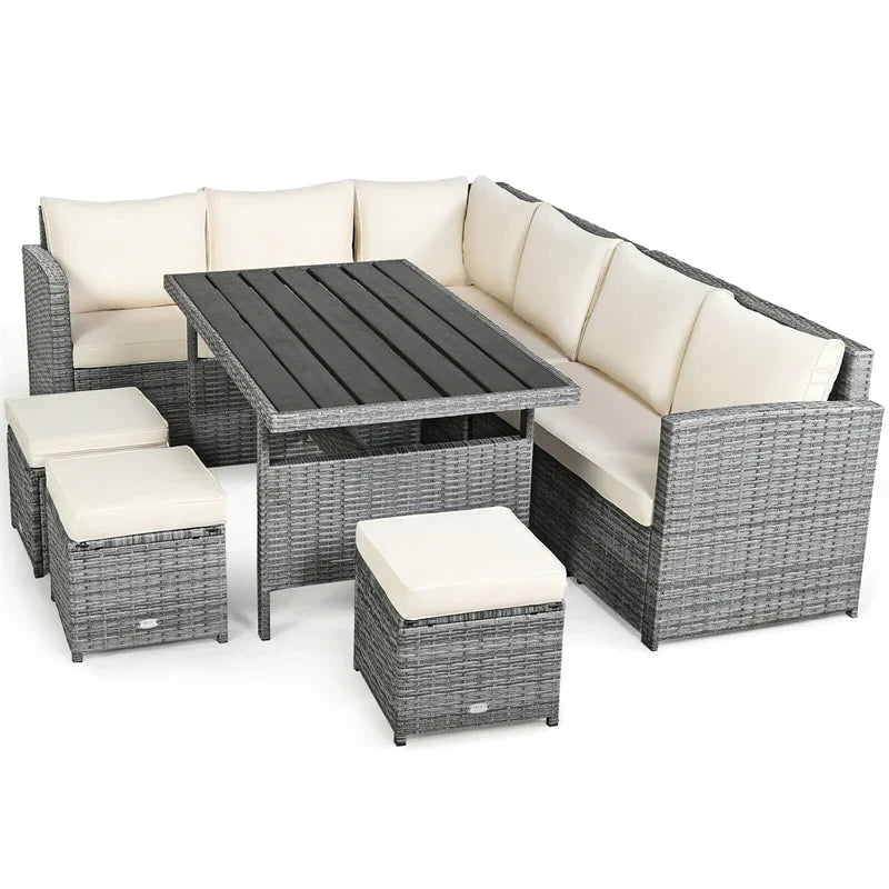 2026 7 PCS Resin Wicker Outdoor Sectional Sofa Set Rattan Patio Seating Group with Dining Table, Ottomans & Cushions