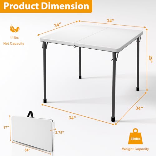 2026 34" Folding Table, Portable Square Folding Card Table with Collapsible Legs & Carrying Handle, Plastic Tables for Camping,Picnic, Office, Party, White