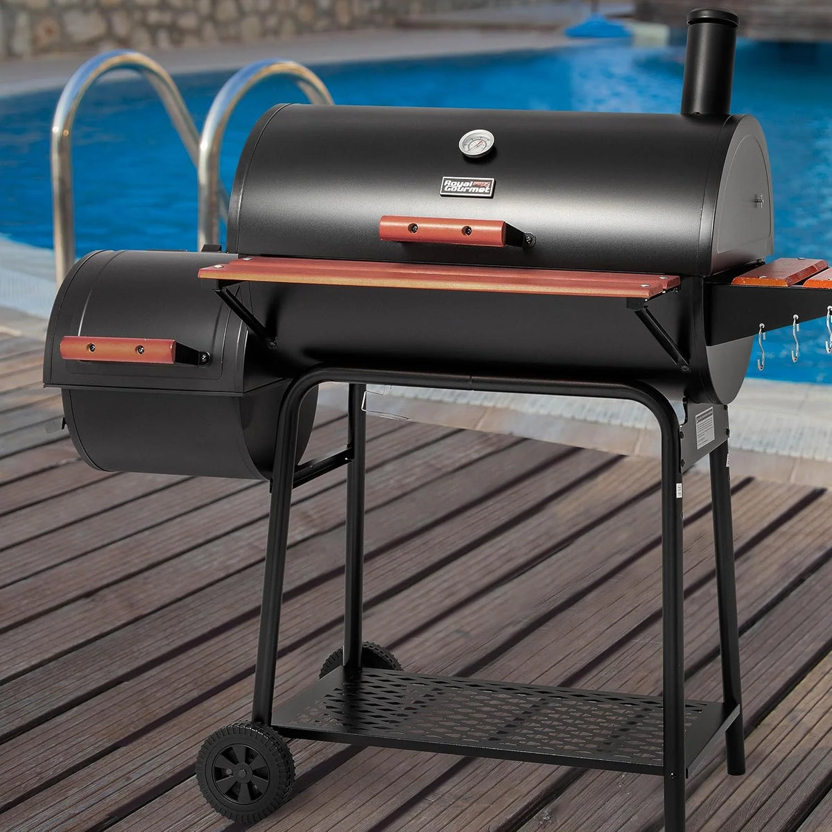 2026 CC1830W 30-Inch Charcoal Grill with Offset Smoker and Wood-Painted Side Table Outdoor Smoker Grill with 811 Sq. In. Cooking Area for Outdoor Barbecue Event Black