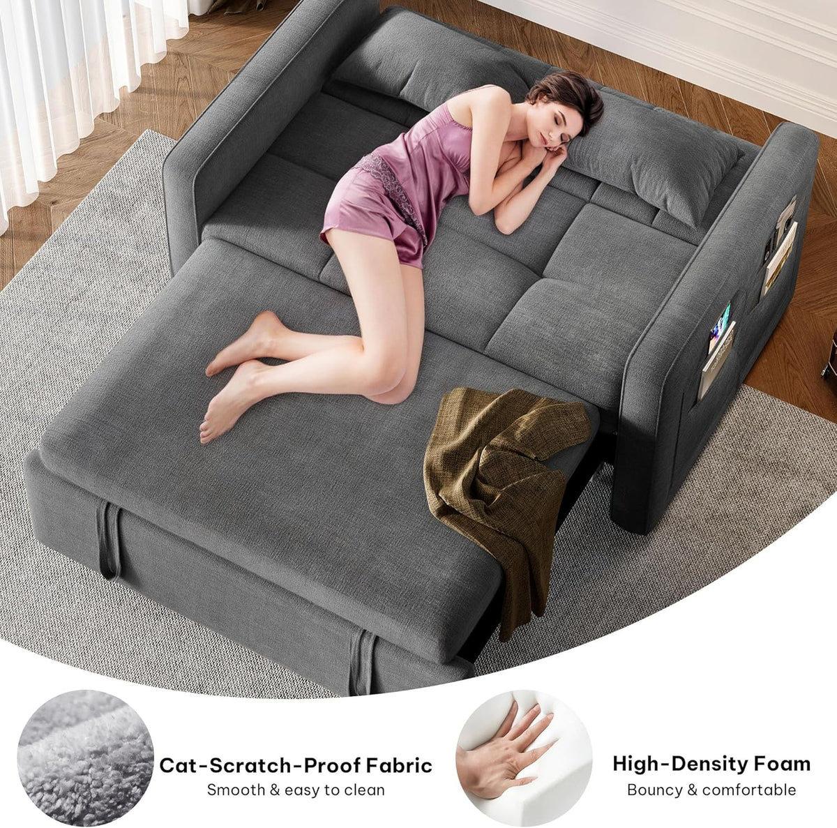 2026 3-in-1 Convertible Sofa Bed, 55" Sleeper Sofa with Pull-Out Bed, Cat-Scratch-Proof Fabric Futon Couch with Adjustable Backrest and Side Pocket, Loveseat for Living Room Apartment, Grey