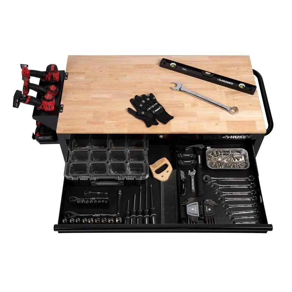 2026 NewMobile workbench with 9 drawers, hardwood top and power connection, 117 cm W x 62 cm D – high-gloss black