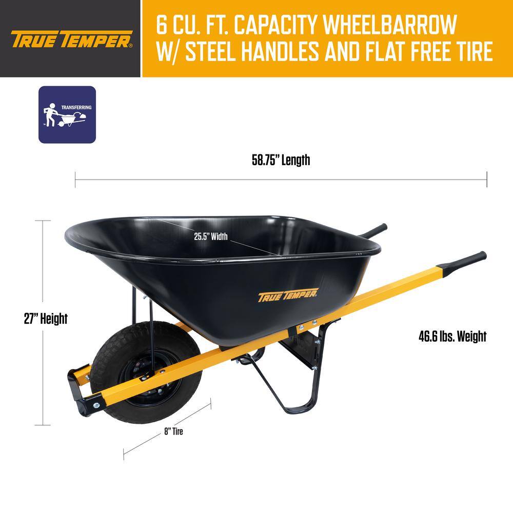 2026 True Temper R6STFFEC 6 cu. ft. Barrow in a Box Steel Wheelbarrow with Never Flat Tire and Steel Handles