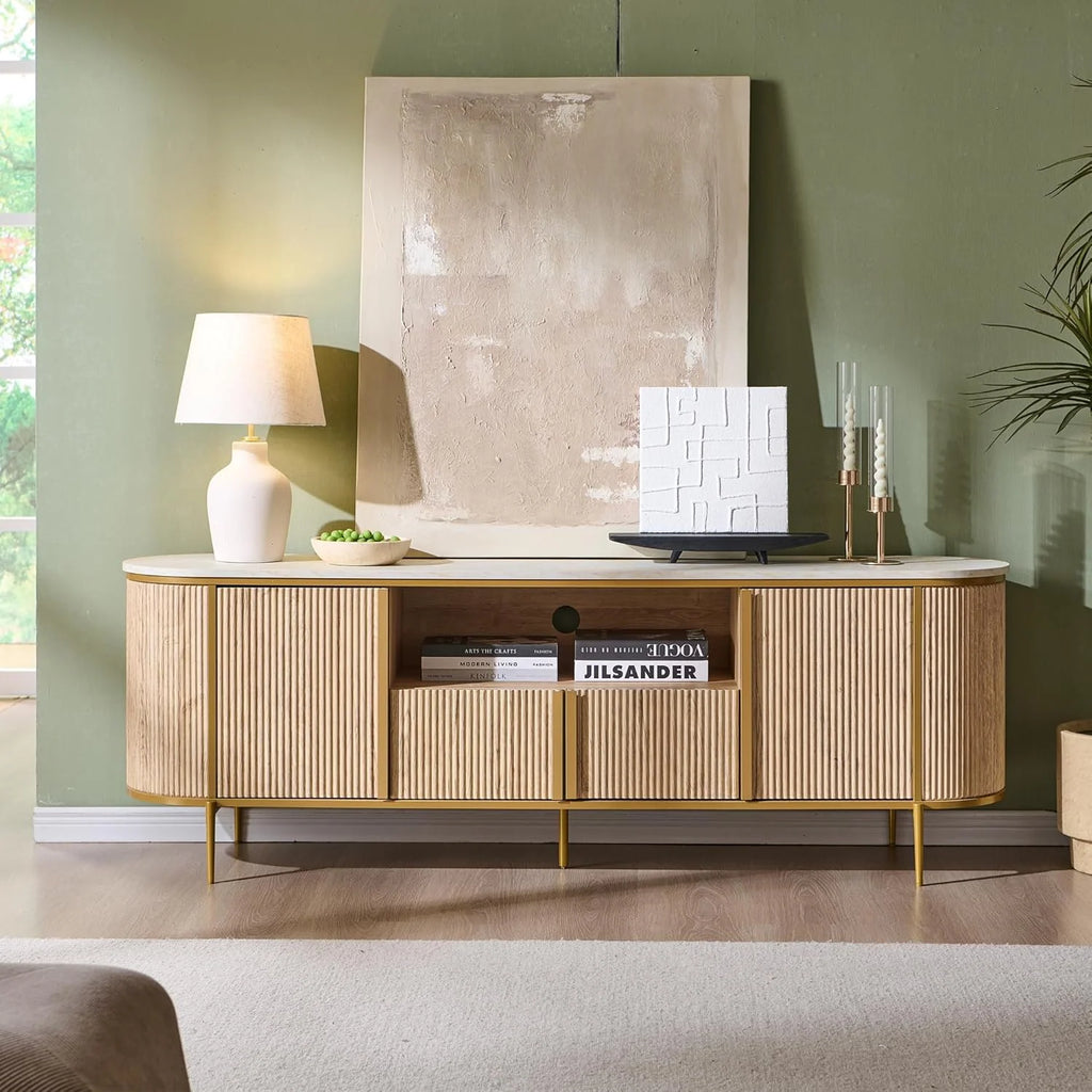 2026 70" Fluted TV Stand with Storage, Faux Marble Top Entertainment Center for TVs Up to 80", Modern Curved Edge Media Console Cabinet for Living Room, Natural Oak