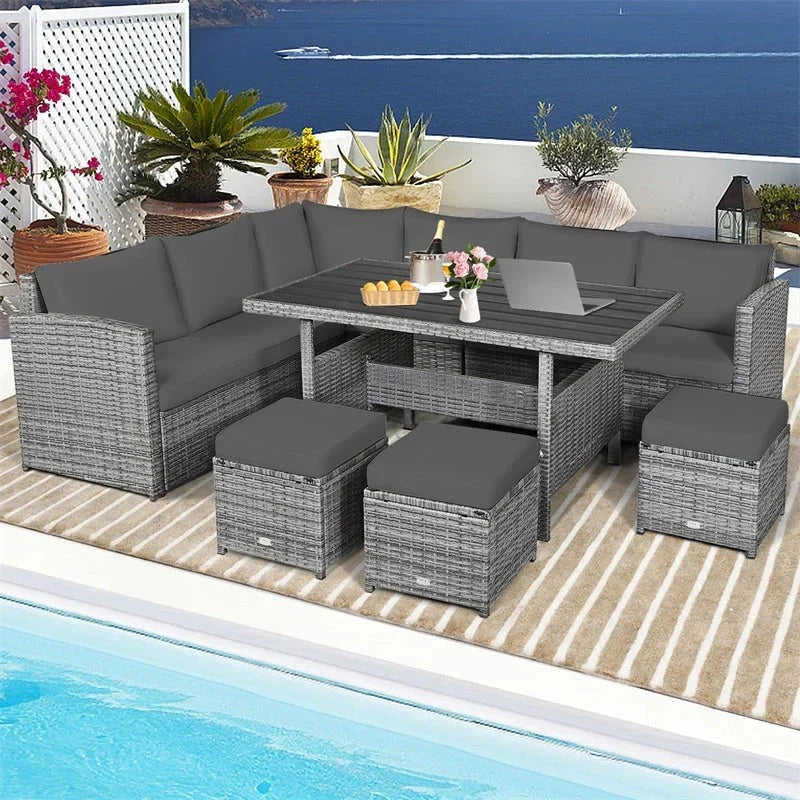 2026 New7 Pcs Rattan Patio Dining Furniture Sectional Sofa Set with Dining Table, Ottomans & Cushions