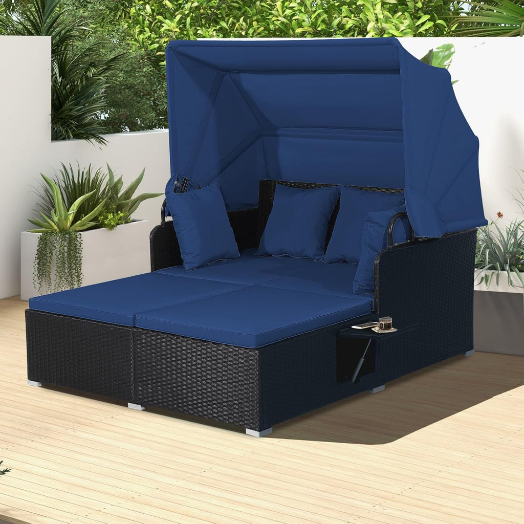 2026 Patio Outdoor Daybed with Canopy, Wicker Sunbed w/Cushions, 4 Pillows & 2 Retractable Side Trays, 2-Person Lounge Bed Conversation for Poolside Porch Garden, Rattan Outdoor Bed (Turquoise)