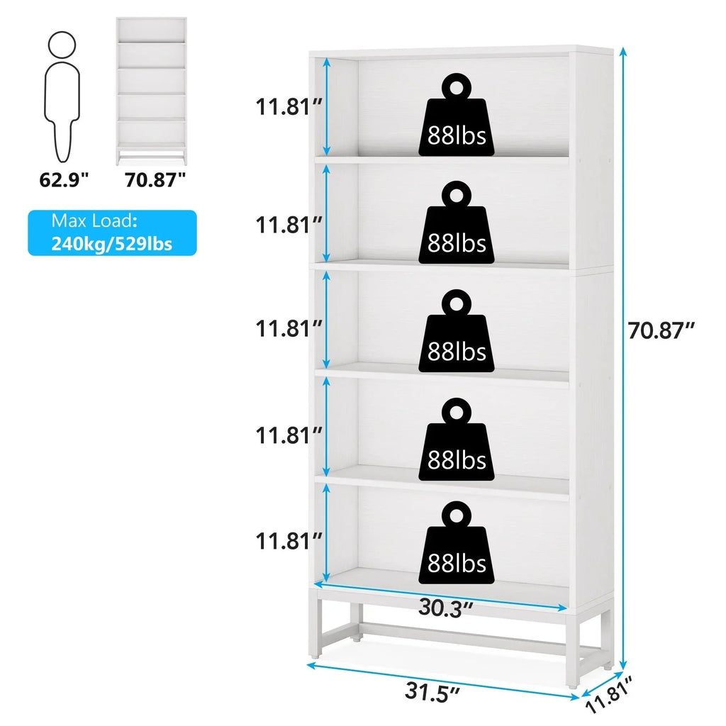 2026 70.87 Inch Tall 5-Tier Bookcase, Large Bookshelf with 31.5 Inch Wide Storage