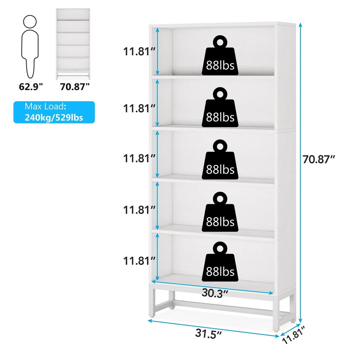 2026 70.87 Inch Tall 5-Tier Bookcase, Large Bookshelf with 31.5 Inch Wide Storage