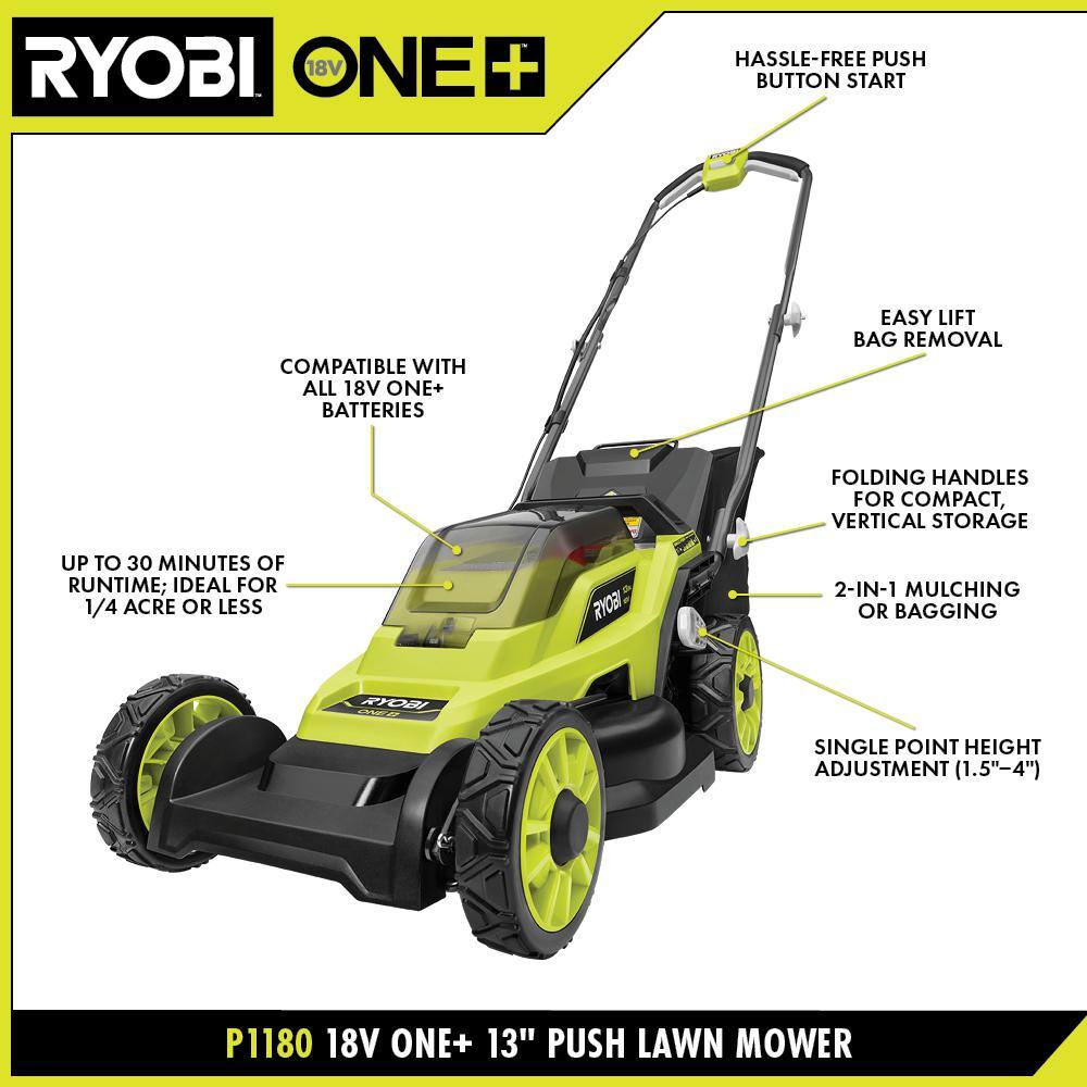 2026 ONE+ 18V 13 in. Cordless Battery Walk Behind Push Lawn Mower with 4.0 Ah Battery and Charger P1180