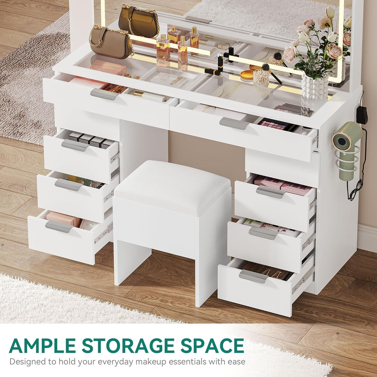 2026 Vanity Set with LED Mirror, 10 Drawers, Stool Included