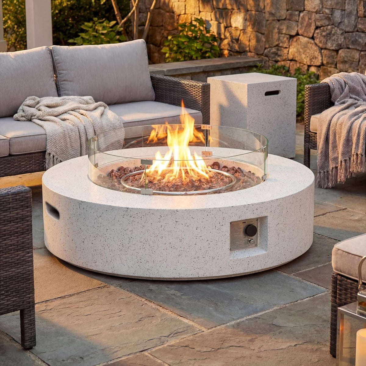 2026 2-Piece Outdoor Propane Firepit Table Set w Tank Table, 42 inch Dark Fire Table Certified, 50,000 BTU w Beige Round Base,Wind Guard and 16 inches Tank Side Table 20lb for Garden,Pool