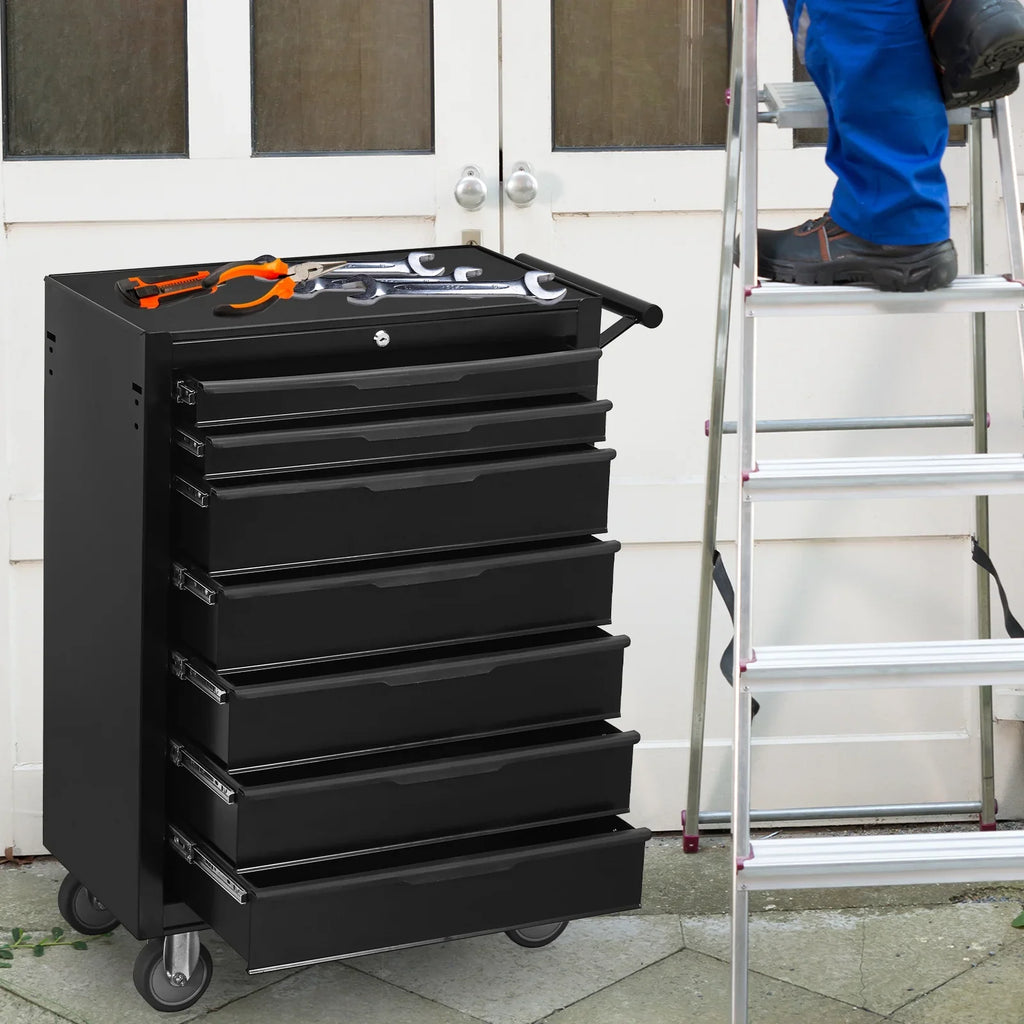 2026 New7-Drawer Rolling Tool Chest Cabinet, Large Capacity Metal Tool Box with Wheels and Cylinder Locking, Roll Around Storage Organizer Tool Cart for Garage, Warehouse, Work Shop - Black