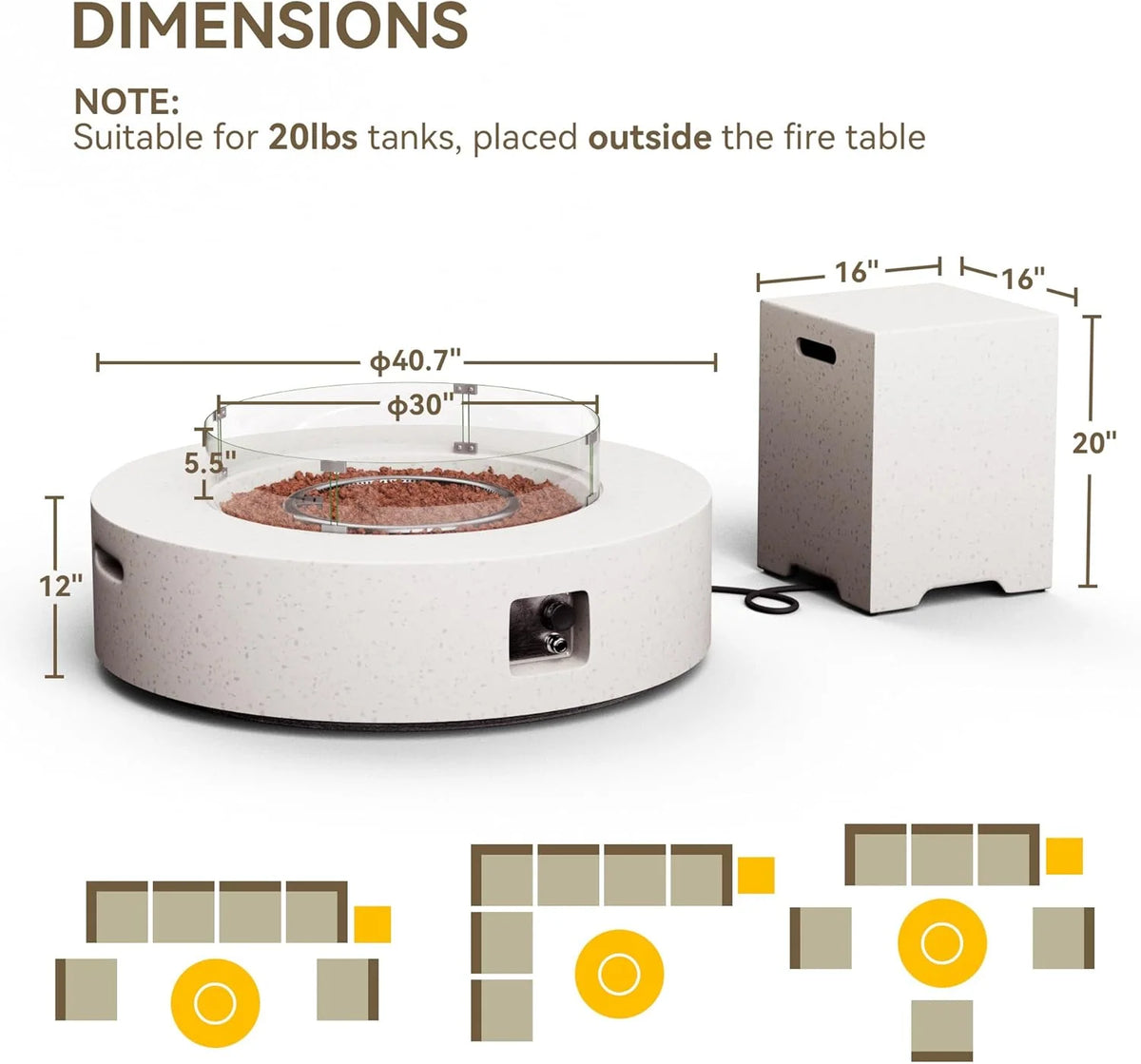 2026 2-Piece Outdoor Propane Firepit Table Set w Tank Table, 42 inch Dark Fire Table Certified, 50,000 BTU w Beige Round Base,Wind Guard and 16 inches Tank Side Table 20lb for Garden,Pool