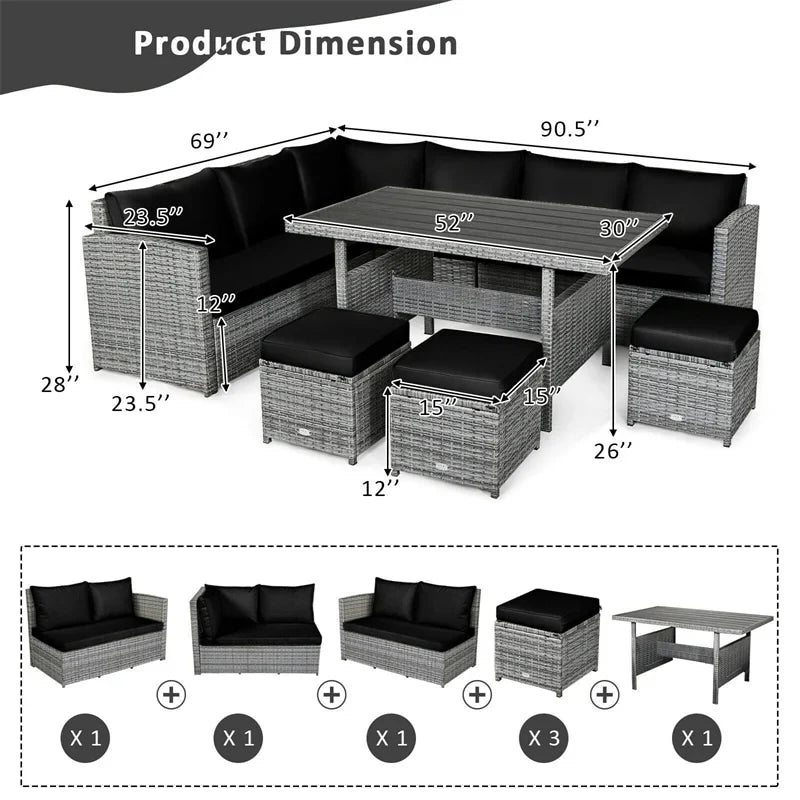 2026 7 PCS Resin Wicker Outdoor Sectional Sofa Set Rattan Patio Seating Group with Dining Table, Ottomans & Cushions