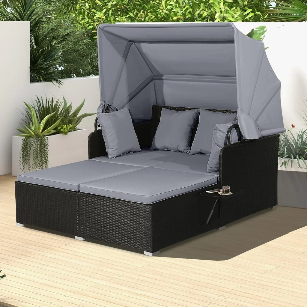 2026 Patio Outdoor Daybed with Canopy, Wicker Sunbed w/Cushions, 4 Pillows & 2 Retractable Side Trays, 2-Person Lounge Bed Conversation for Poolside Porch Garden, Rattan Outdoor Bed (Turquoise)