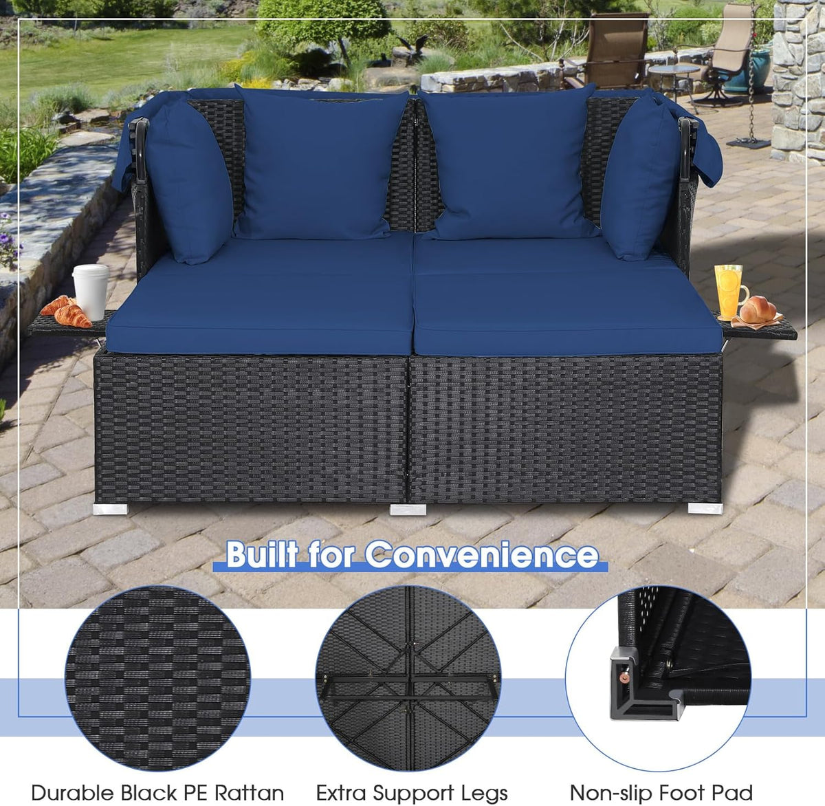 2026 Patio Outdoor Daybed with Canopy, Wicker Sunbed w/Cushions, 4 Pillows & 2 Retractable Side Trays, 2-Person Lounge Bed Conversation for Poolside Porch Garden, Rattan Outdoor Bed (Turquoise)
