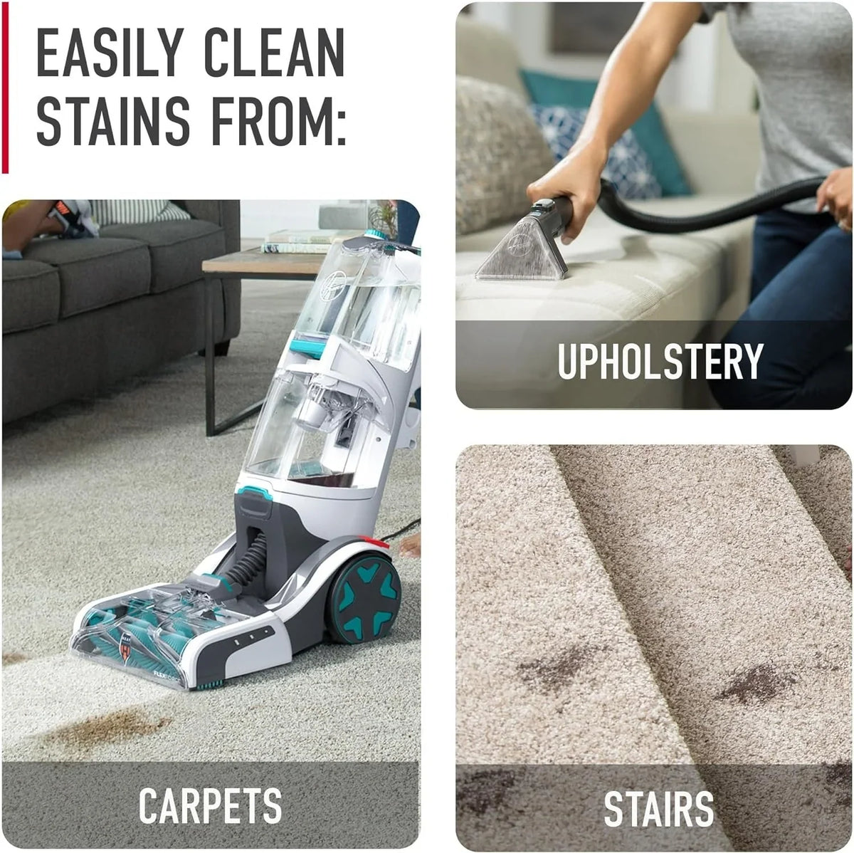 2026 NewHoover SmartWash+ Automatic Carpet Cleaner for Carpets and Upholstery, Deep Cleaning Carpet Shampoo, Carpet Deodorizer and Pet Stain Remover FH52000, Turquoise