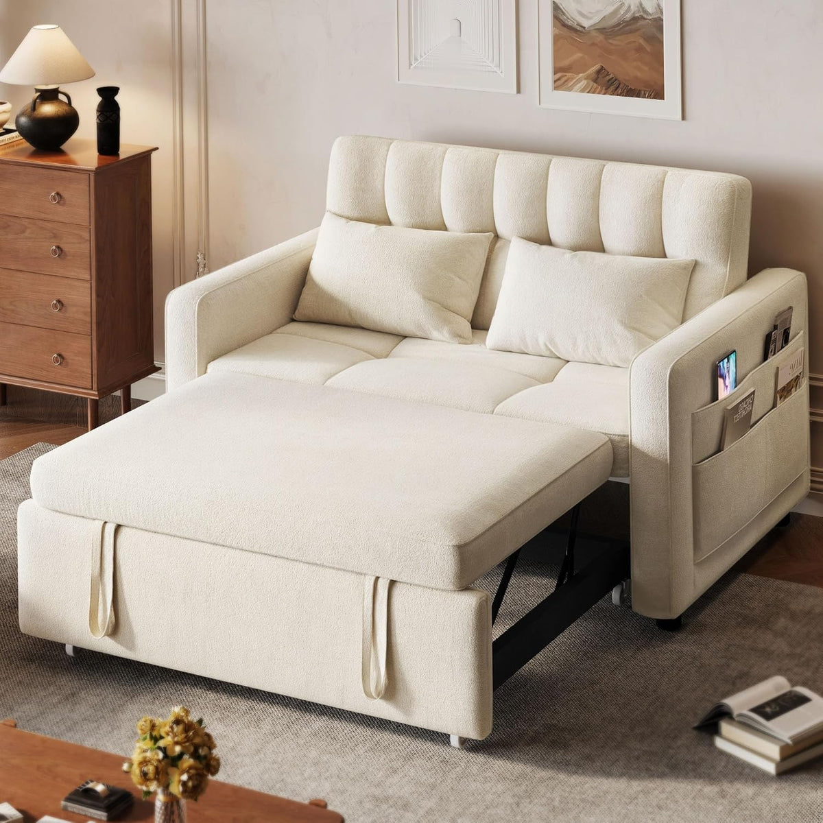 2026 3-in-1 Convertible Sofa Bed, 55" Sleeper Sofa with Pull-Out Bed, Cat-Scratch-Proof Fabric Futon Couch with Adjustable Backrest and Side Pocket, Loveseat for Living Room Apartment, Grey
