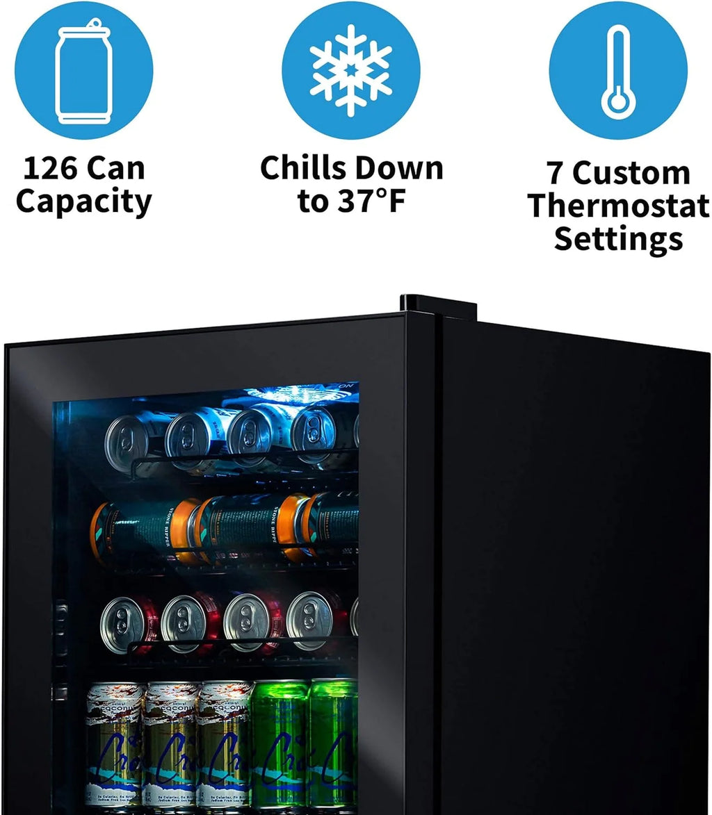 2026 Beverage Refrigerator Cooler | 126 Cans Free Standing with Right Hinge Glass Door | Mini Fridge Beverage Organizer Perfect For Beer, Wine, Soda, And Cooler Drinks