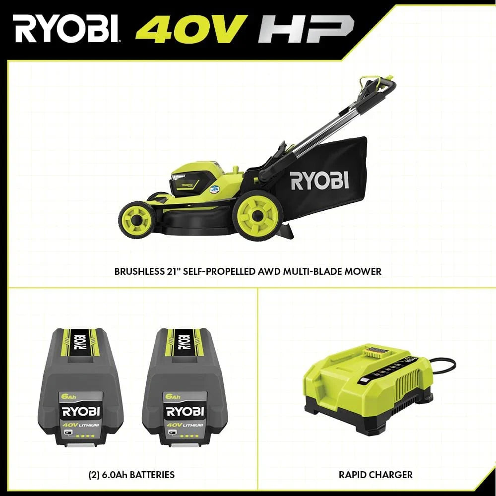 2026 40V Brushless 21-in Self-Propelled AWD Lawn Mower Whisper Series Includes (2) 6.0Ah Batteries and Charger