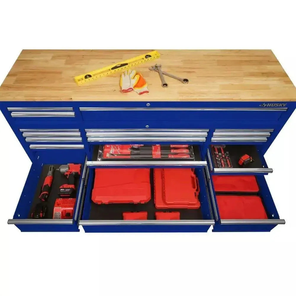 2026 72 in. 18-Drawer Mobile Workbench with Solid Wood Top in Gloss Blue