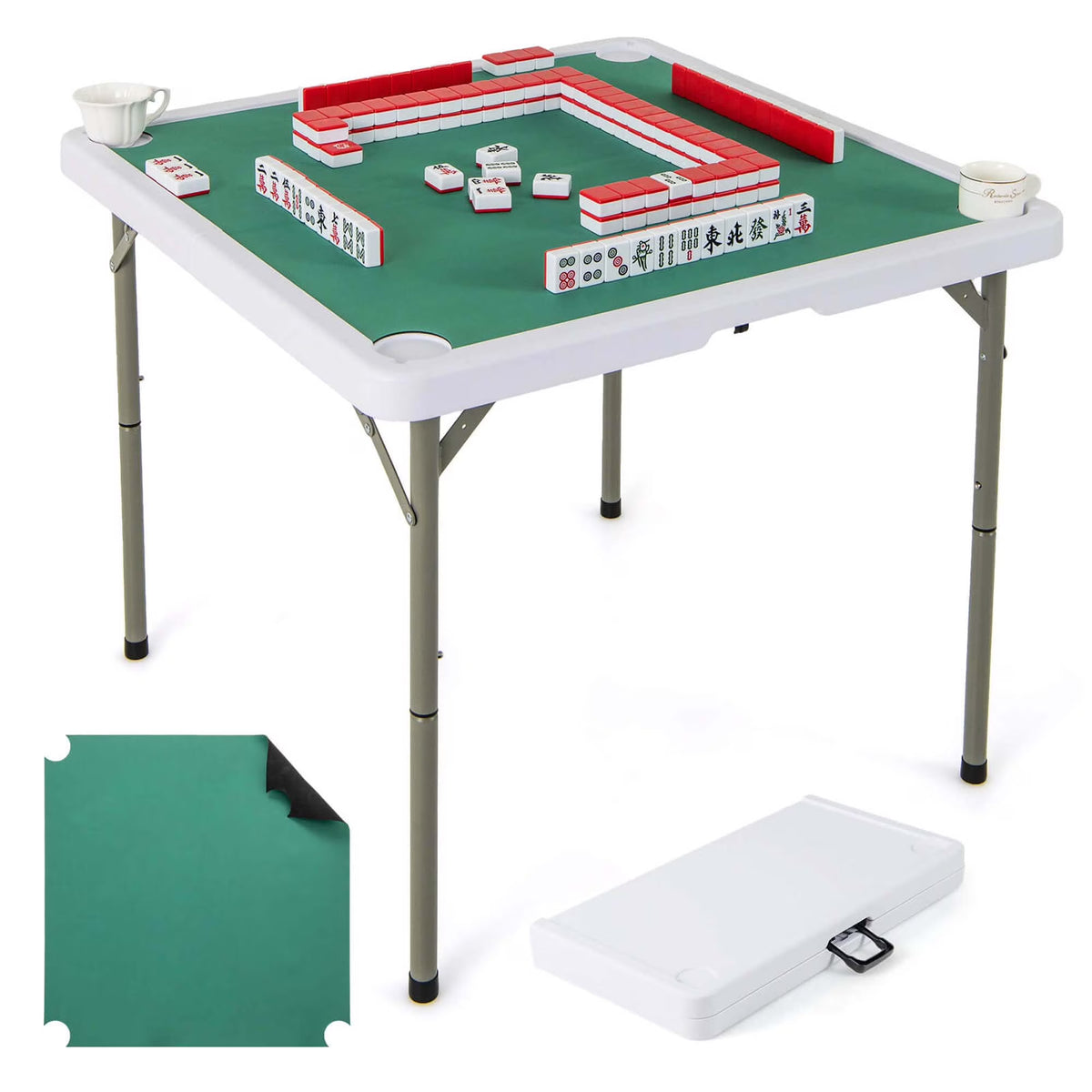 2026 NewCostway 35" Folding Mahjong Table with Cup Holders & Smooth Felt Mat Carrying Handle Green