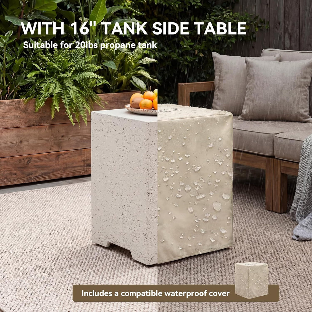 2026 2-Piece Outdoor Propane Firepit Table Set w Tank Table, 42 inch Dark Fire Table Certified, 50,000 BTU w Beige Round Base,Wind Guard and 16 inches Tank Side Table 20lb for Garden,Pool