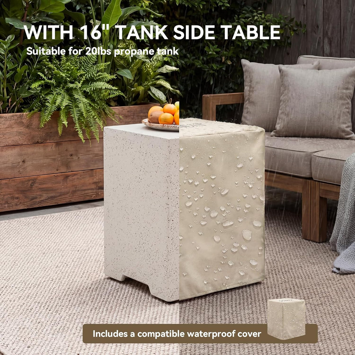 2026 2-Piece Outdoor Propane Firepit Table Set w Tank Table, 42 inch Dark Fire Table Certified, 50,000 BTU w Beige Round Base,Wind Guard and 16 inches Tank Side Table 20lb for Garden,Pool
