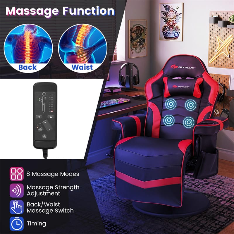 2026 Ergonomic Gaming Recliner Chair with Massage, Retractable Footrest & Cup Holder, Height Adjustable Racing Style Swivel Video Game Chair