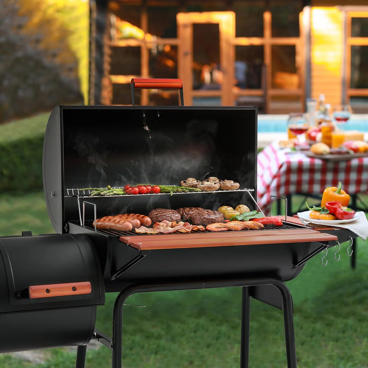 2026 CC1830W 30-Inch Charcoal Grill with Offset Smoker and Wood-Painted Side Table Outdoor Smoker Grill with 811 Sq. In. Cooking Area for Outdoor Barbecue Event Black