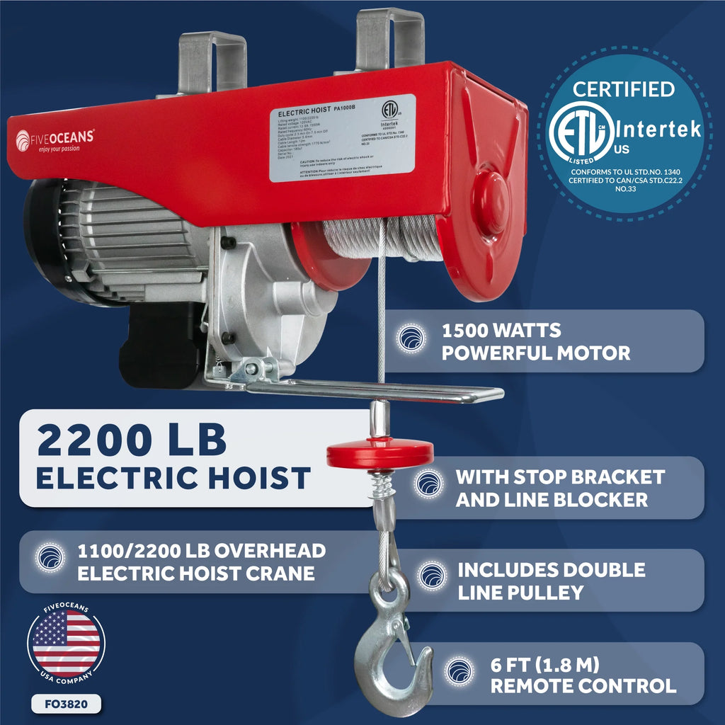 2026 Five Oceans Electric Hoist, Hoist Pulley System, Pulley Hoist, 2200 Lb Electric Winch with 6FT Remote Control 120 Volts, for Garage, Factory Lifting with Emergency Stop Button - FO3820