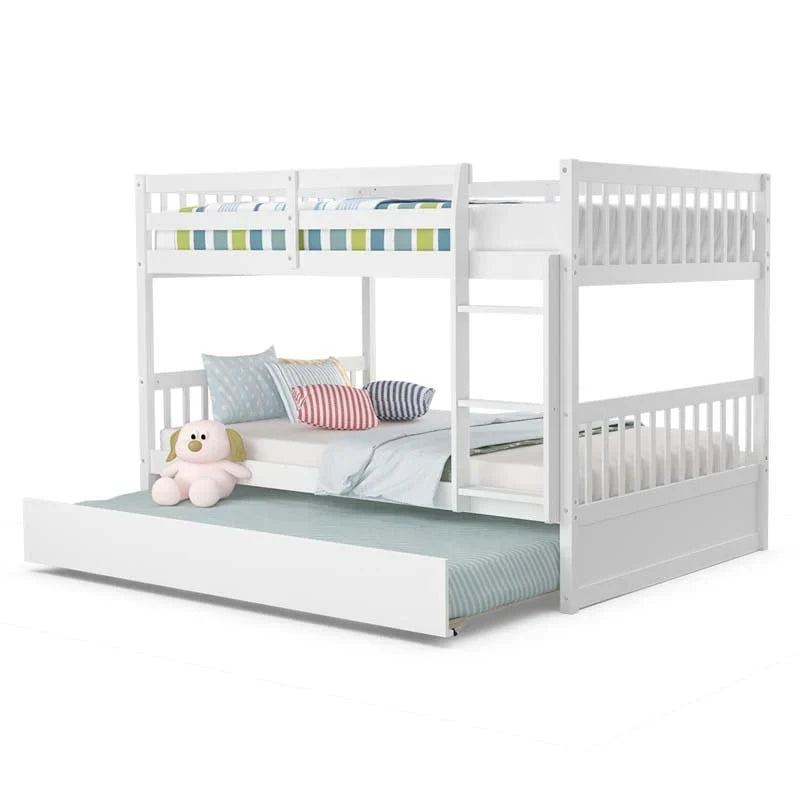 2026 Solid Wood Full Over Full Bunk Bed Frame with Trundle, Safety Ladder & Guardrails, Convertible Bunk Bed for Kids Teens