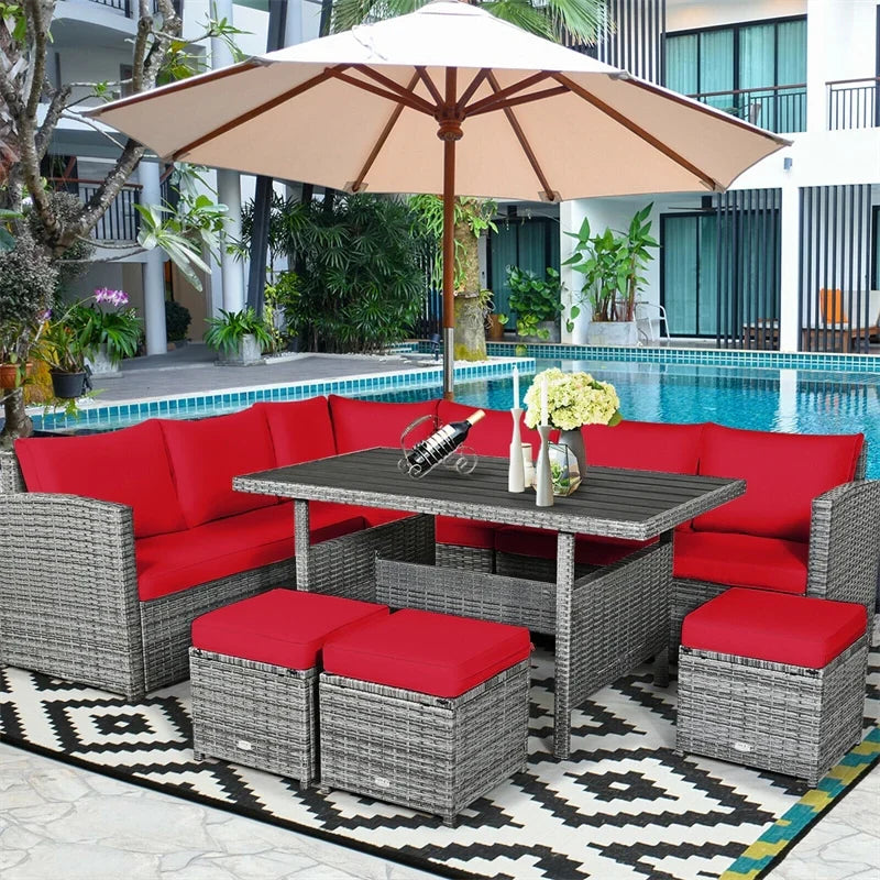 2026 7 PCS Resin Wicker Outdoor Sectional Sofa Set Rattan Patio Seating Group with Dining Table, Ottomans & Cushions