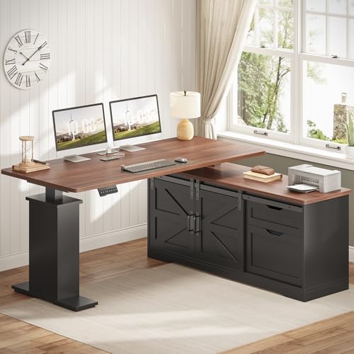 2026 SEDETA Farmhouse L Shaped Standing Desk, 55 inch Height Adjustable Corner Desk with Storage Drawers, Standing Computer Desks with Power Outlets for Home Office, Black