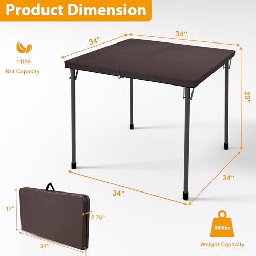 2026 34" Folding Table, Portable Square Folding Card Table with Collapsible Legs & Carrying Handle, Plastic Tables for Camping,Picnic, Office, Party, White