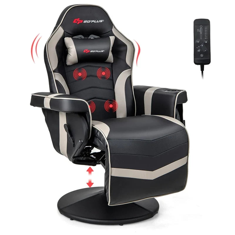 2026 Ergonomic Gaming Recliner Chair with Massage, Retractable Footrest & Cup Holder, Height Adjustable Racing Style Swivel Video Game Chair