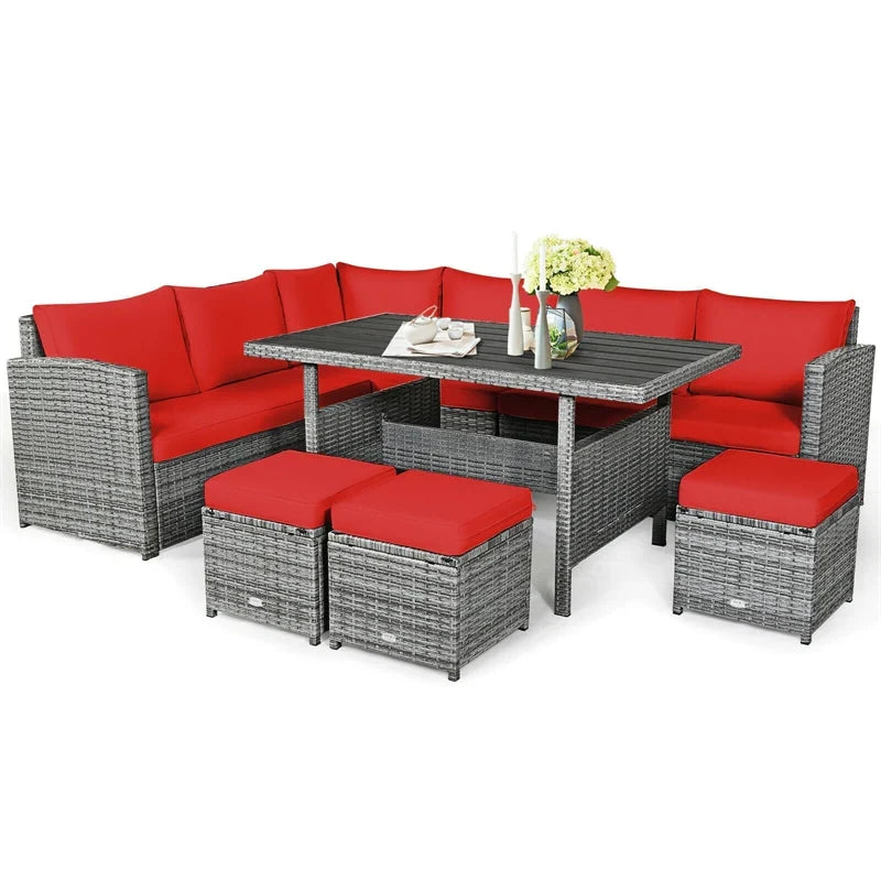 2026 7 PCS Resin Wicker Outdoor Sectional Sofa Set Rattan Patio Seating Group with Dining Table, Ottomans & Cushions