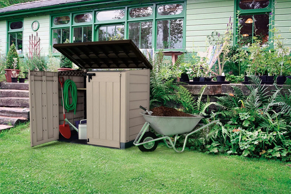 2026 NewKeter Store It Out MAX Horizontal Durable Resin Outdoor Storage Shed With Heavy Duty Floor and Locking Latch and Double Doors, Beige