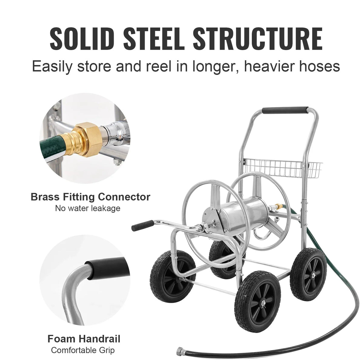 2026 NewVEVOR Hose Reel Cart, Hold Up to 250 ft of 5/8???? Hose, Garden Water Hose Carts Mobile Tools with 4 Wheels, Heavy Duty Powder-coated Steel Outdoor Planting with Storage Basket, for Garden, Yard, Lawn